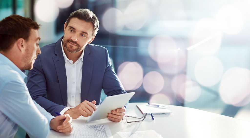 Business people, men and teamwork with tablet, typing and connection with cooperation, website information and banner. People, employees or consultant with technology, teamwork and email notification