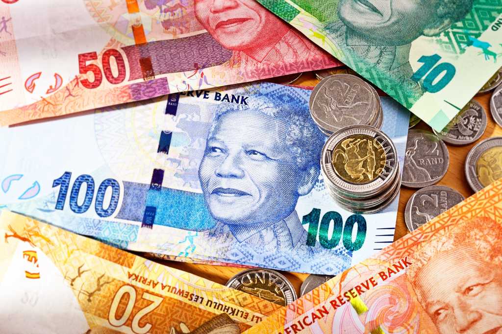 South African currency / money / budget / finance / 5 Rand Nelson Mandela banknotes / 2 Rand coins