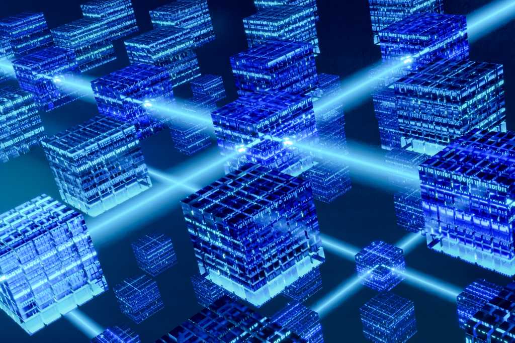 Abstract blockchain, network server. Transparent blue cubes with binary codes. Cloud computing, cyber space, network, technology, science. 3D illustration