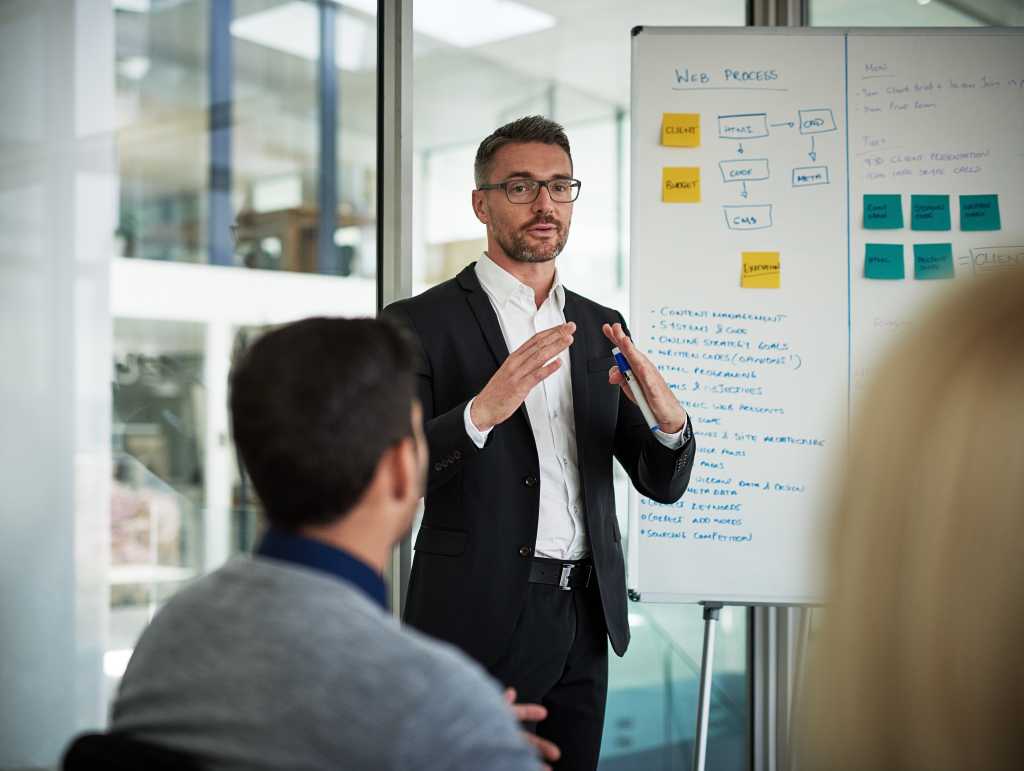 Man, presentation and business strategy for planning, budget and project management in office. Team leader, workshop and meeting with company for training, brainstorming and proposal on whiteboard