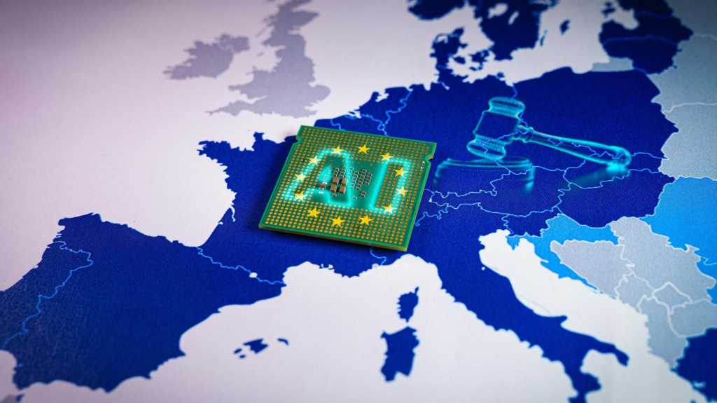 Europe Map mit virtuellem Avel und Klangblock und AI Wort. Konzept der EU hat kürzlich den AI Act angenommen, der neue Beschränkungen für die Nutzung künstlicher Intelligenz vorsieht und Transparenz vorschreibt