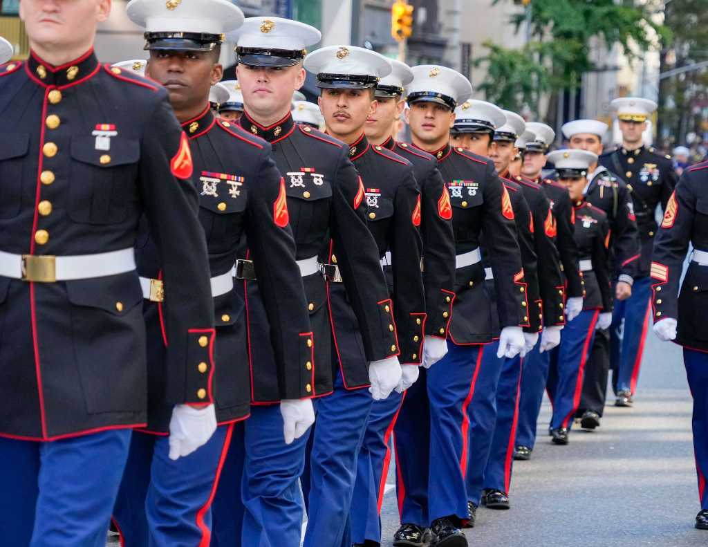 Members of the US Marines march on Fifth Avenue during the 104th annual Veterans Day Parade in New York, New York, USA, 11 November 2023. The  parade is the largest one honoring veterans in the US and is held each 11 November to mark the anniversary of the end of World War I.