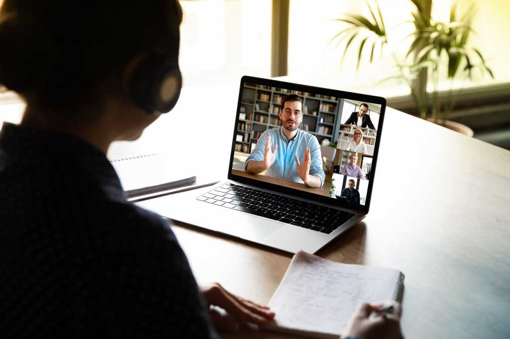 Screen view over a user's shoulder during video conferencing [meeting / presentation / training]