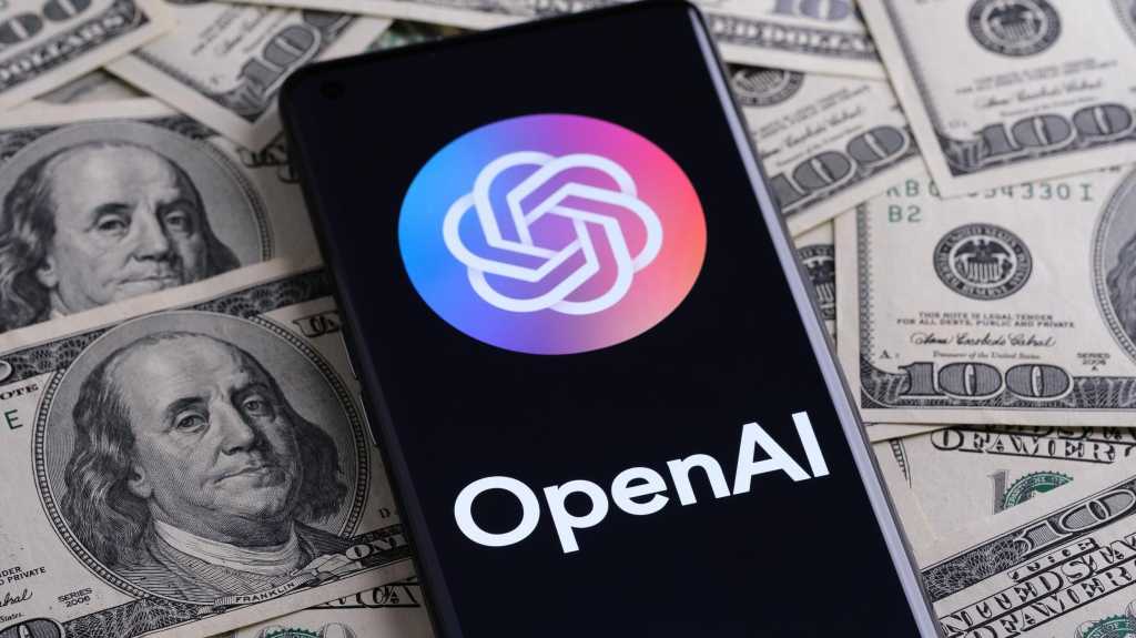 Nur für redaktionelle Nutzung, OpenAI, Logo auf Smartphone, Dollar-Scheine, 16:9, slider