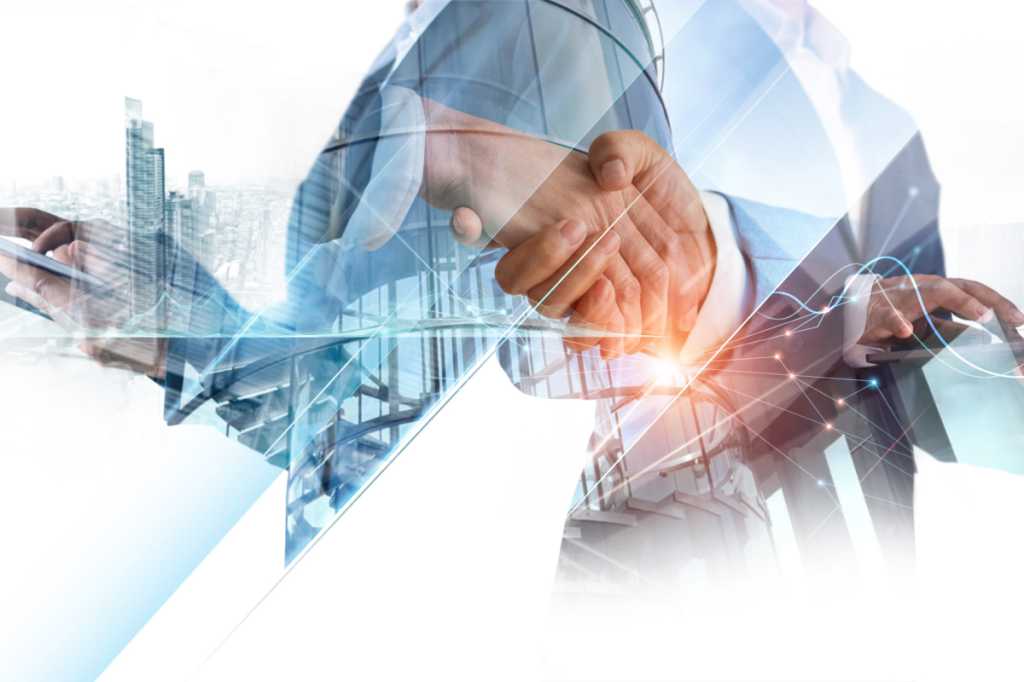 Digital technology, Business network connection, Teamwork, Deal, Partnership and data exchange, Investment analysis, planning and strategy. Businessman working with digital device on smart city.