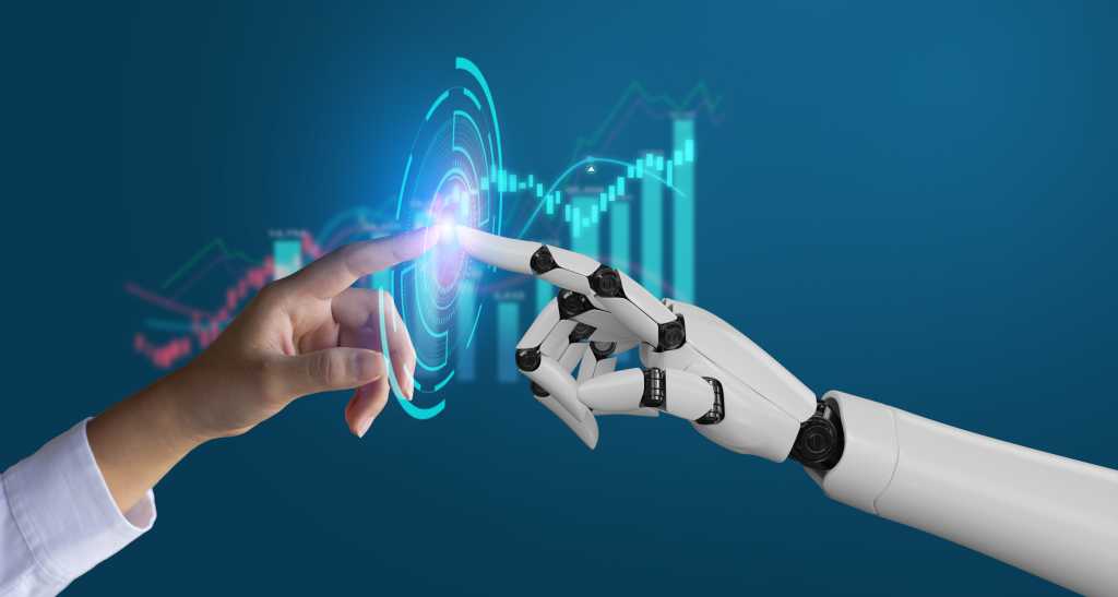 AI, Machine learning, robot hand ai artificial intelligence assistance human touching on big data network connection