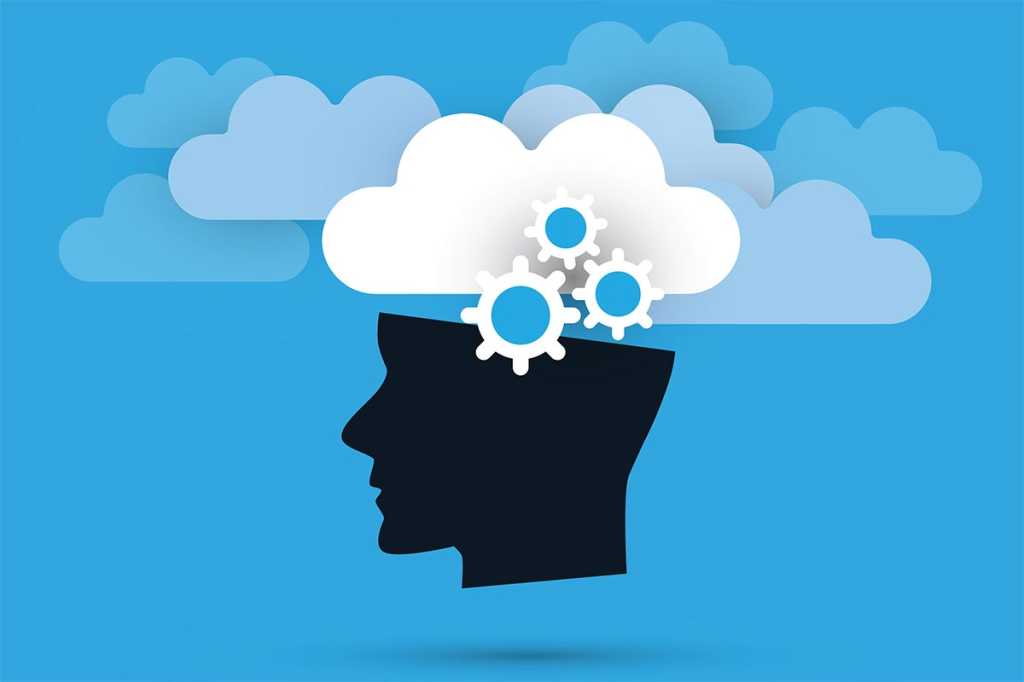 a human silhouette with the brain or mind in the clouds, overlaid with gears