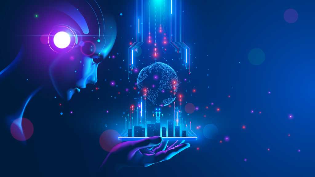 Artificial intelligence looking at smart city, connected with planet through global mobile internet on phone. AI control city infrastructure, data traffic, ensure safety. World communication concept