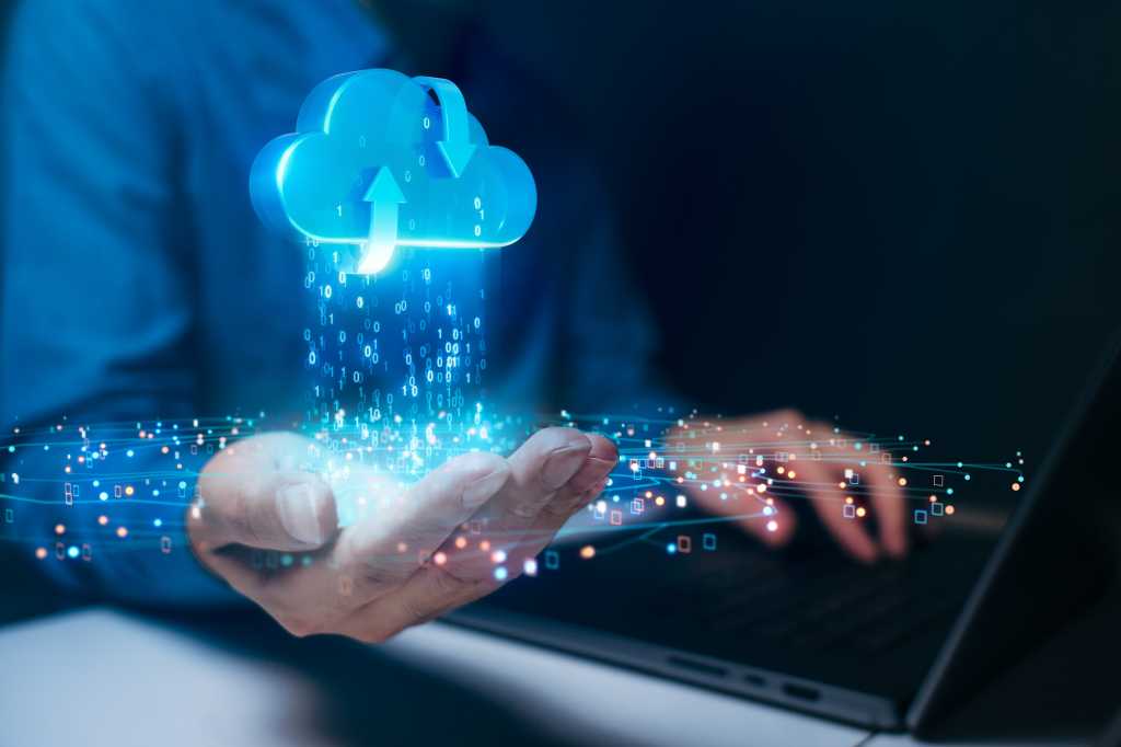 Concept cloud computing with data streams transferring, symbolizing cloud technology and data