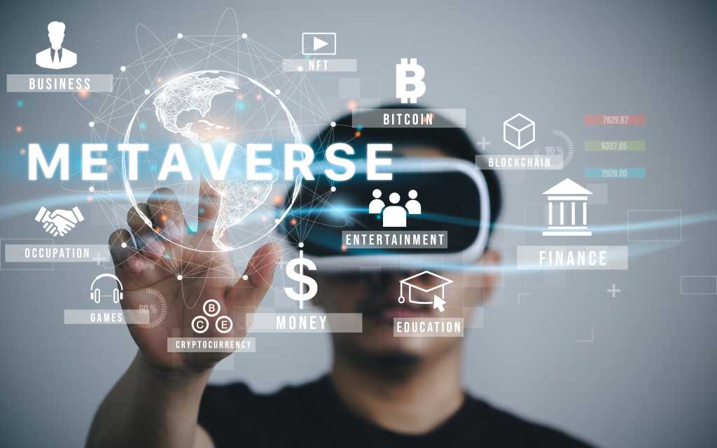 Man wearing VR glasses virtual Global Internet connection metaverse with a new experience in metaverse virtual world. Metaverse technology concept Innovation of futuristic.