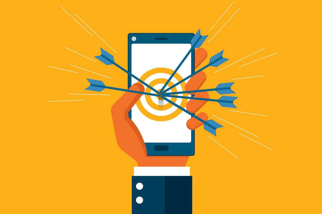 A mobile phone target struck with multiple arrows in a bullseye.