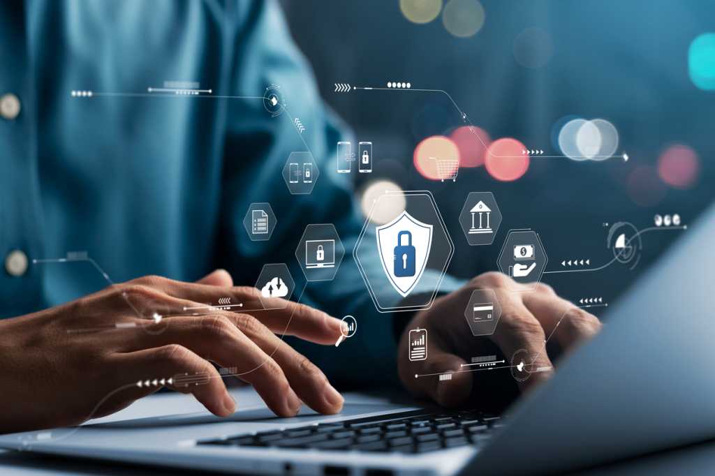 Cybersecurity concept Global network security technology, business people protect personal information.