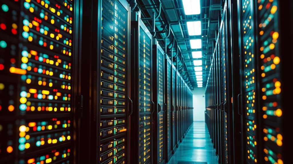 Data centers filled with rows and rows of servers as blinking light indicate constant processing, high detail, cinematic angle composition