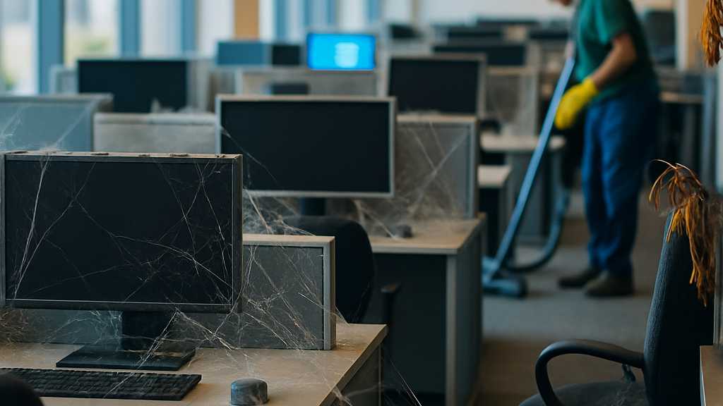 Bokeh photo of inside a modern, open it department in a modern, bright office that has no people. rows of cubicles are visible with computers that are turned off. the office is mostly clean and bright but cobwebs are visible on the workstations.. the