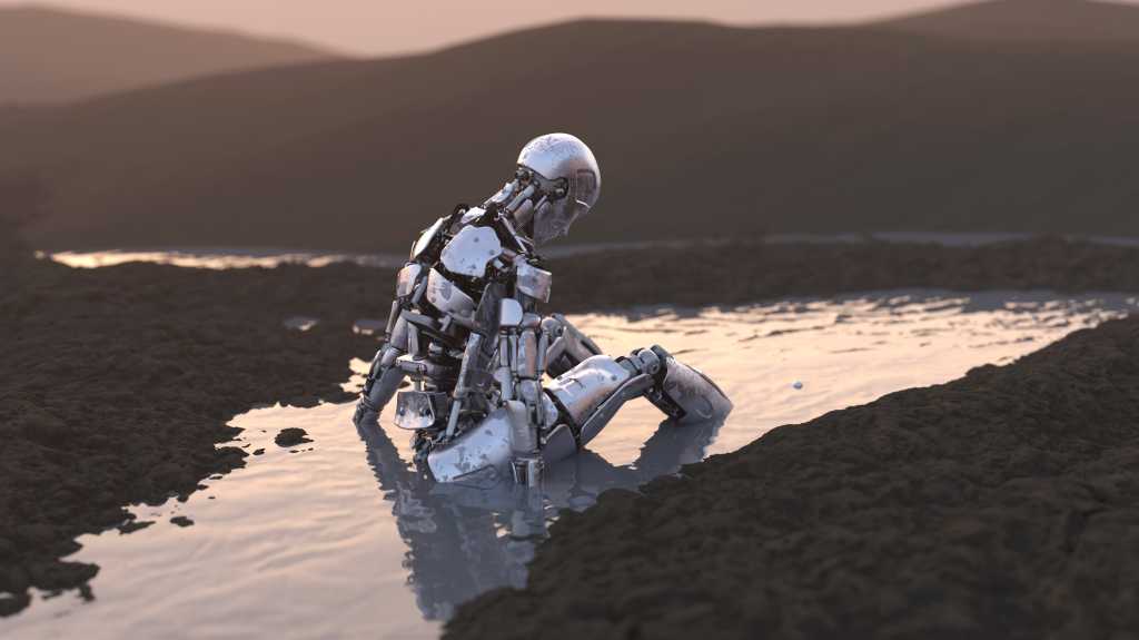 abandoned robot sitting in a puddle, 3d illustration