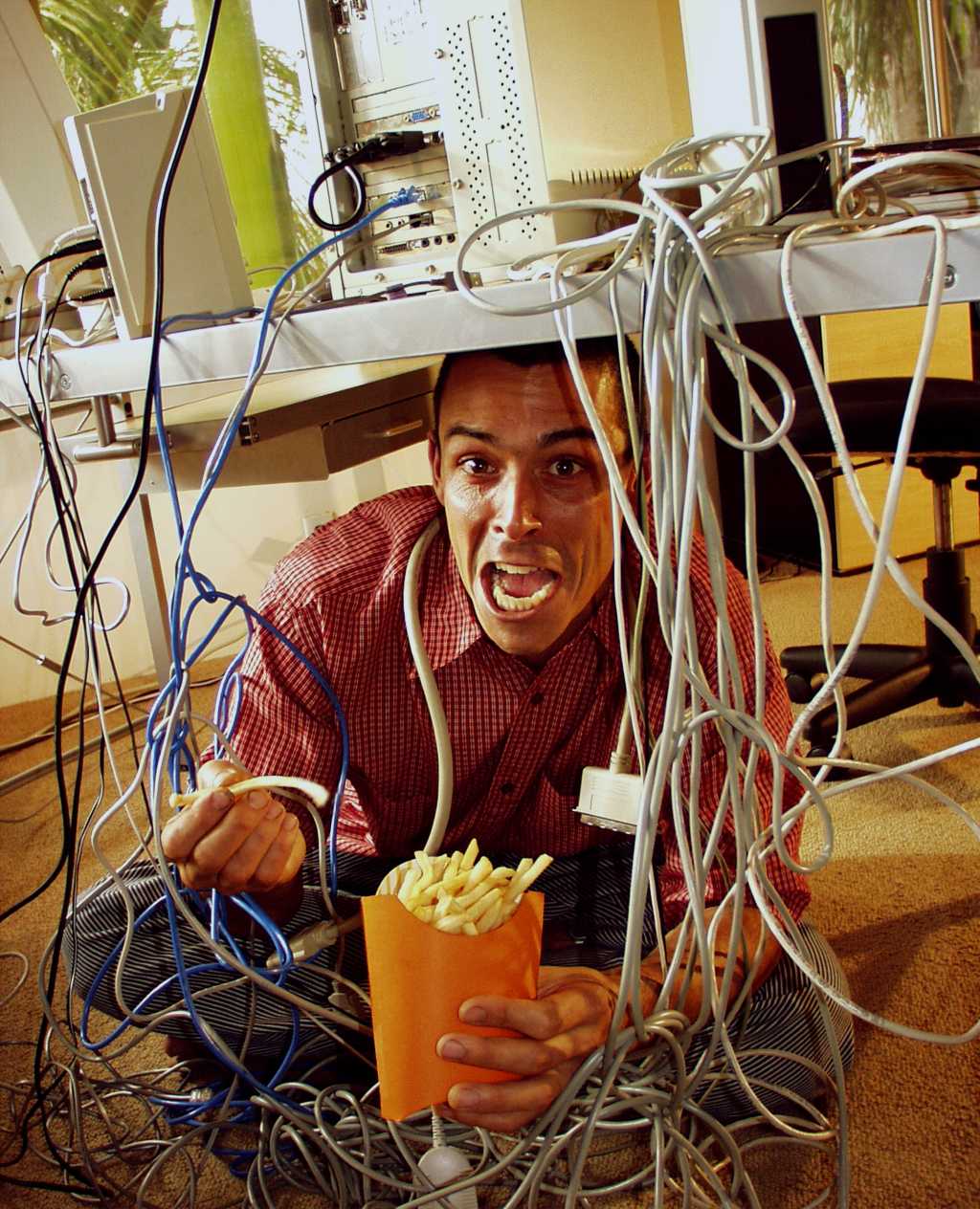 frustrated worker with cables and fries 91911037