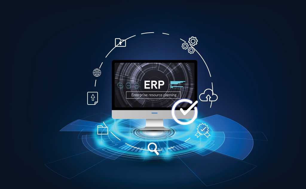 business professional Enterprise resource planning ERP electronic account login secure connection for online HR management software solution with office desk background as wide banner design