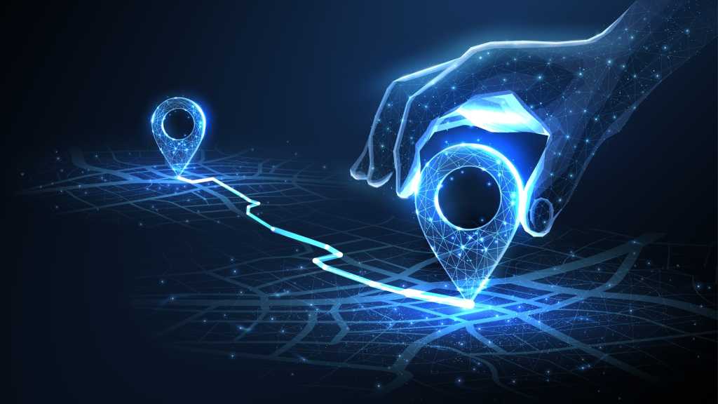 Digital hand set location on map with two pins. AI technology in GPs, innovation delivery, map location, future transport logistic, route path concept. GPs point
