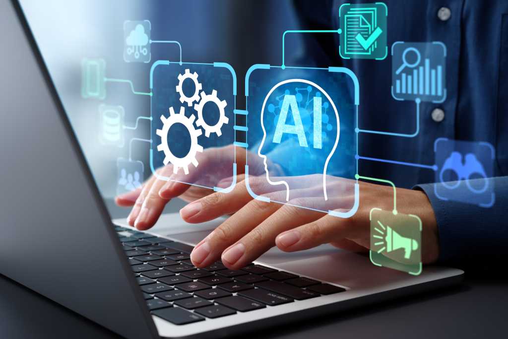 AI agent and intelligent automation IA technology. Business process automation BPA system. Businessman using laptop computer to give instructions to AI at desk in office