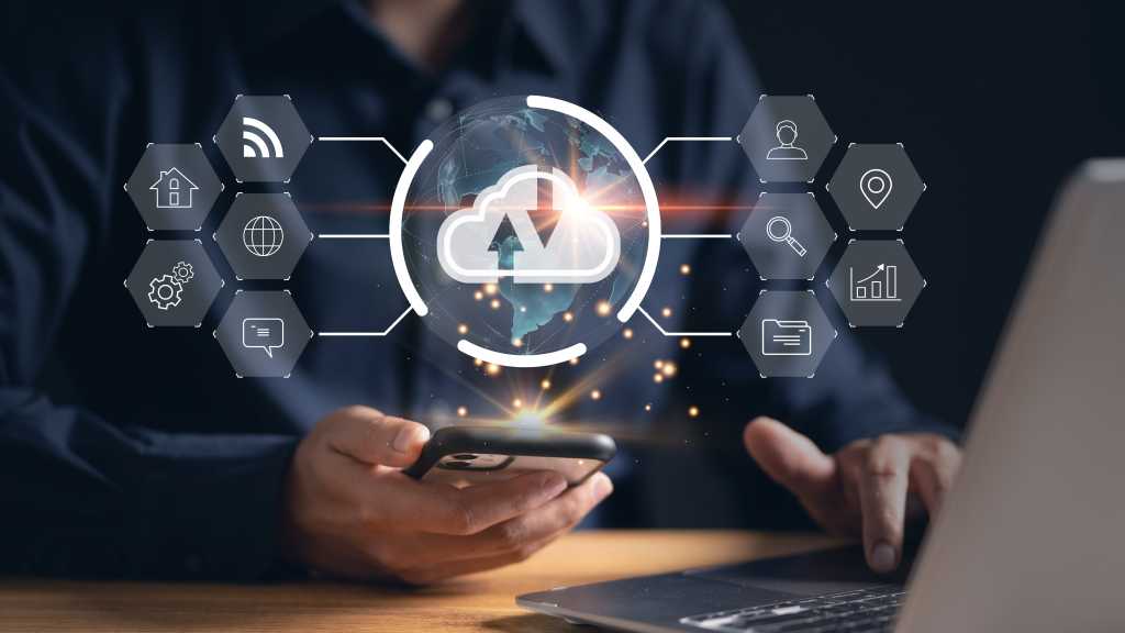 Man using mobile phone to access cloud technology concept. Connectivity, efficiency
