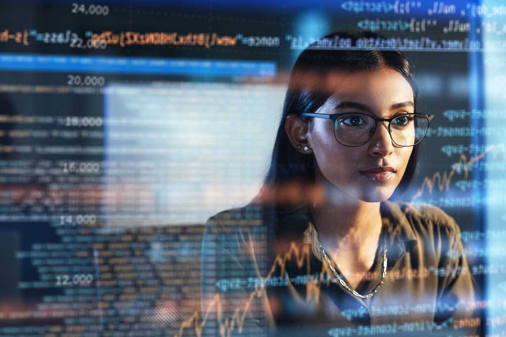 Software, coding hologram and woman in data analytics, information technology