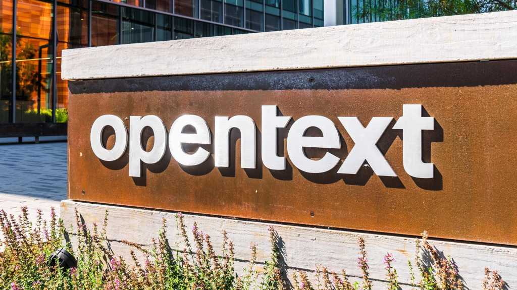 August 15, 2019 San Mateo / CA / USA - Opentext headquarters in Silicon Valley; OpenText Corporation is a Canadian company that develops and sells enterprise information management (EIM) software