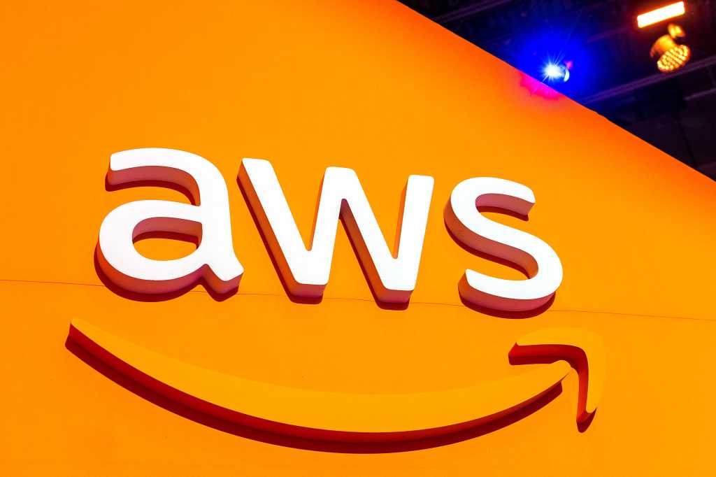 Large AWS sign. Amazon Web Services (AWS) is a subsidiary of Amazon that provides on-demand cloud computing platforms - Las Vegas, Nevada, USA - December 3, 2019