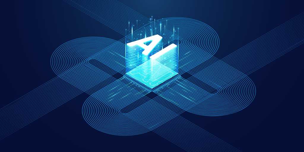 Abstract digital technology background. Isometric AI chip with AI hologram with circuit tech bg. Connected lines electric lightning. Bright light neon blue quantum CPU processor. Vector illustration.