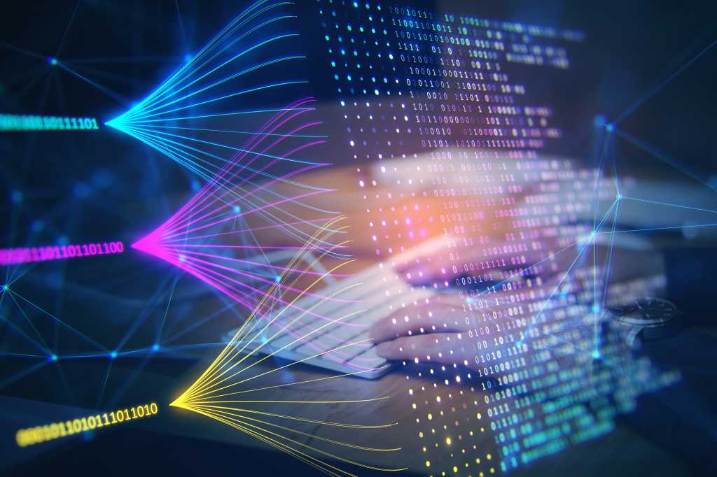 Close up of guy hands using keyboard with creative big data lines on dark background. Technology and innovation concept. Double exposure