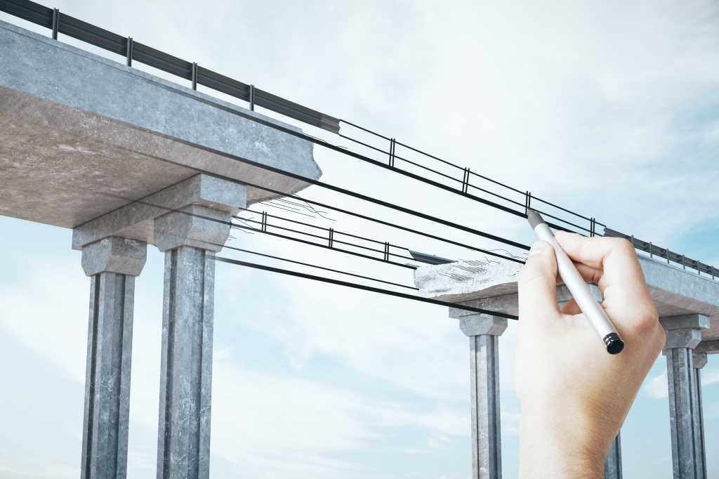 Hand drawing destroyed bridge on abstract sky background. Engineering and project concept.