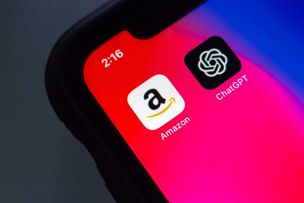 Vancouver, CANADA - Apr 19 2023 : Amazon and ChatGPT icons seen in an iPhone screen. Amazon Bedrock, ChatGPT and alternatives or rivals, AI race concept. . OpenAI open AI AWS Amazon Web service