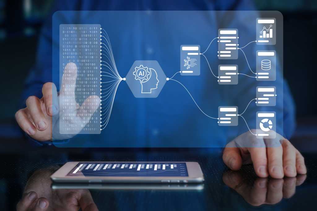 Businessman touching Virtual Screen with Decision-Making Tech.