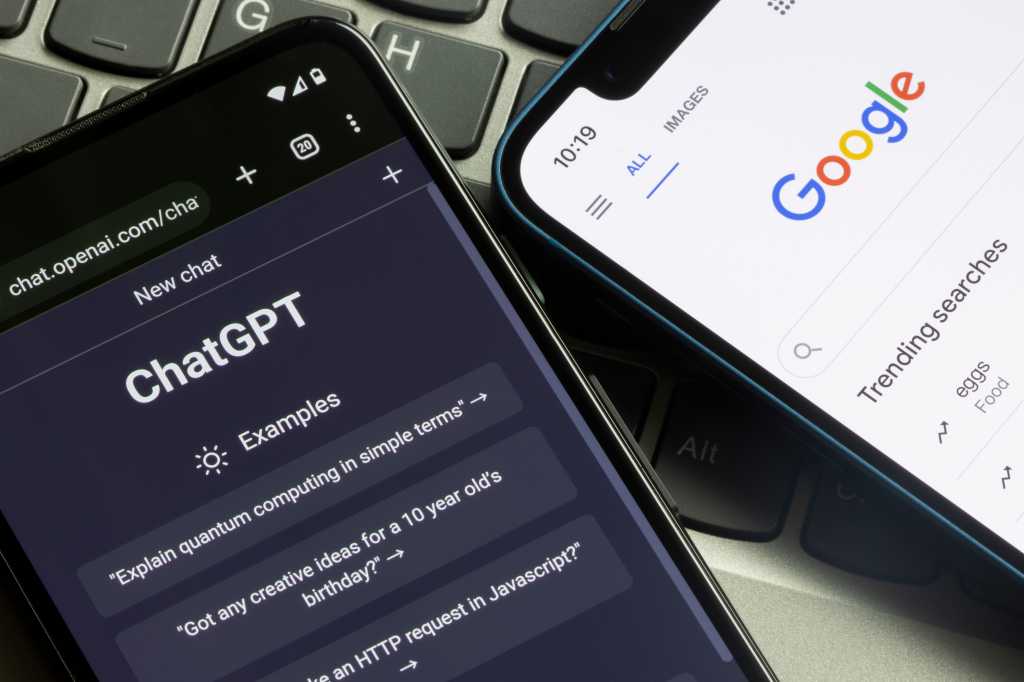 Portland, OR, USA - Jan 17, 2023: Webpages of ChatGPT, OpenAI's chatbot, and Google are seen on smartphones. A new wave of chatbots like ChatGPT use AI that can reinvent the traditional search engine.